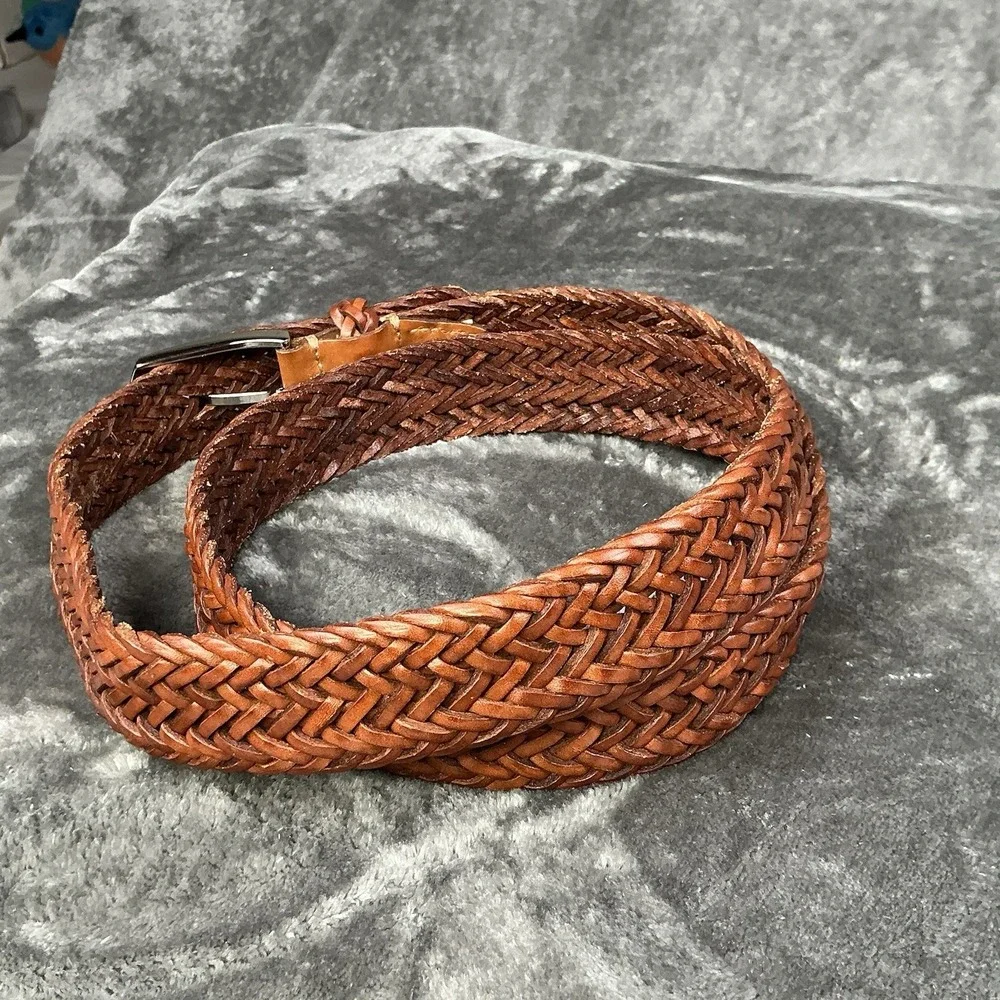 Vintage Men's Full Grain Cowhide Braided Leather Belt Brown Size 44 Adjustable